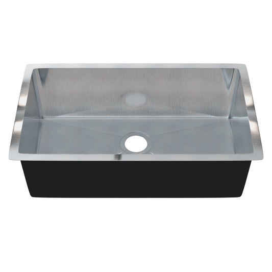 30-inch stainless steel single bowl kitchen sink by Novatto, featuring a sleek, durable design with smooth edges and a spacious basin.