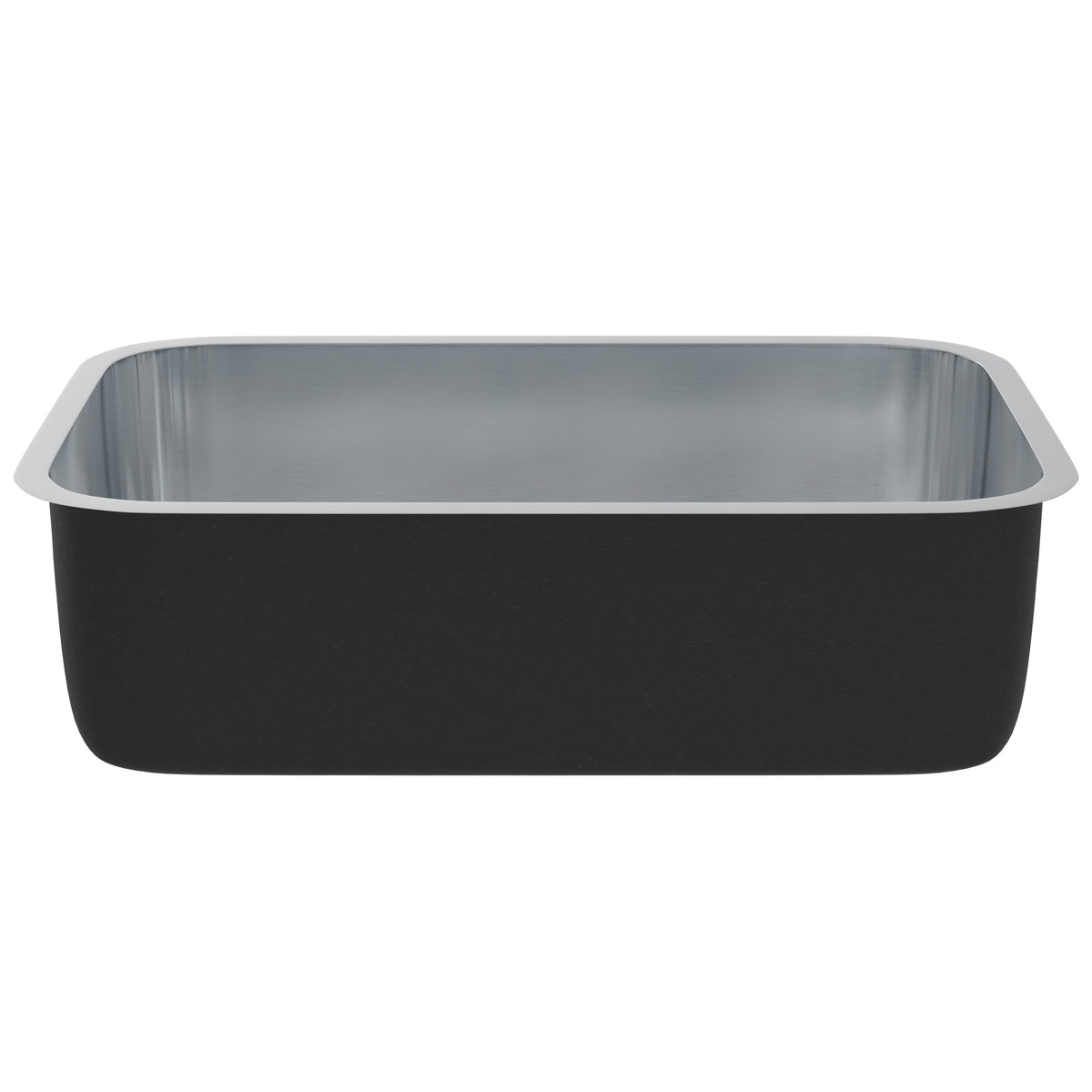 Stainless steel kitchen sink by Novatto, 30-inch single bowl design with smooth finish, shown from the side without drain.