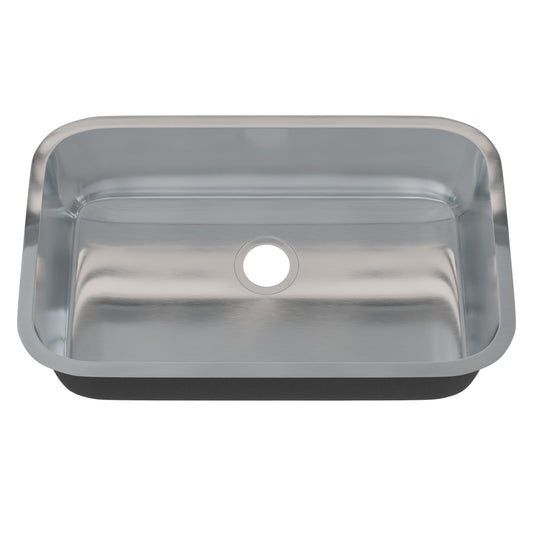 Stainless steel kitchen sink by Novatto, 30-inch single bowl design with smooth finish, shown without drain in a modern kitchen.