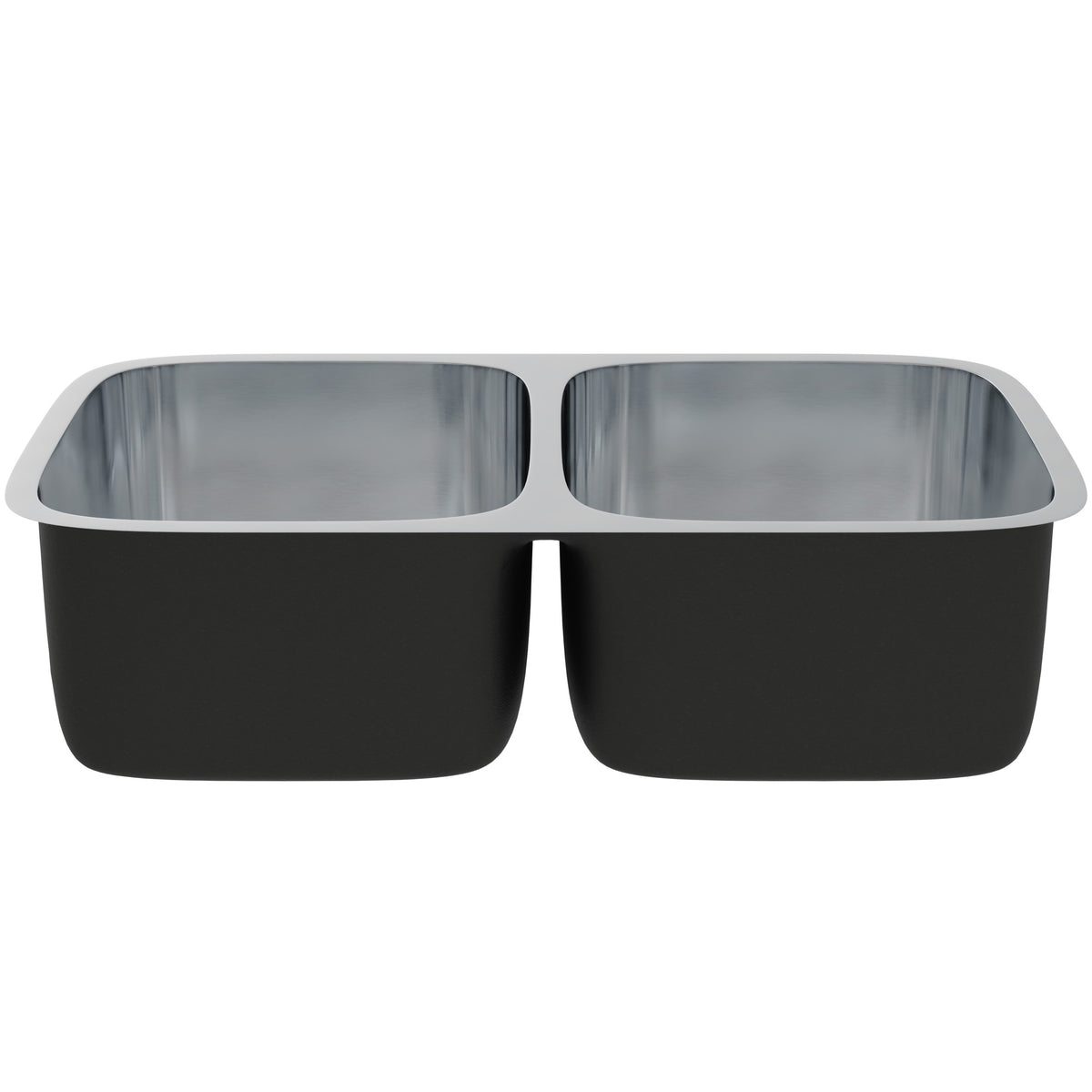 Stainless steel double bowl kitchen sink by Novatto with a sleek, modern design and spacious basins, shown without drain in the image.
