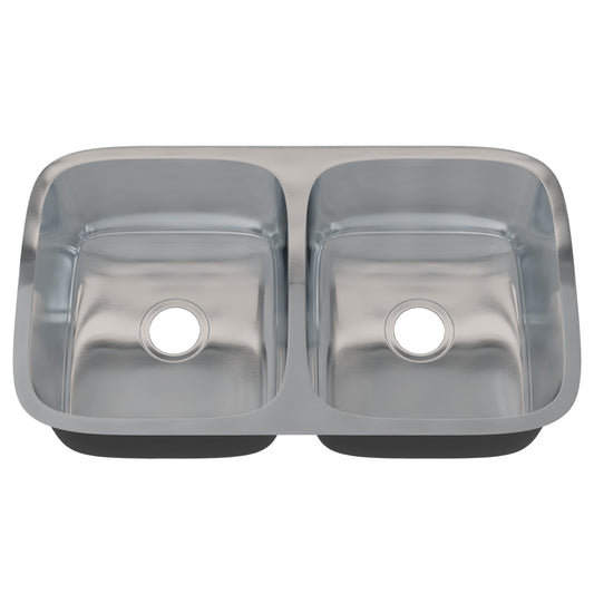 Novatto classic 32-inch double bowl stainless steel kitchen sink with smooth finish and modern design, shown without drain.