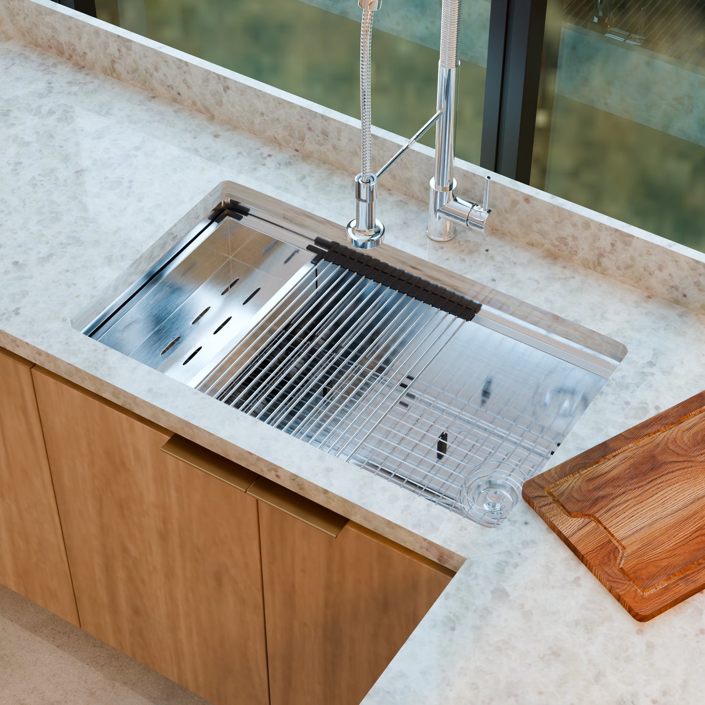 Novatto all-in single bowl stainless steel kitchen sink workstation with accessories, featuring sleek design and durable finish.