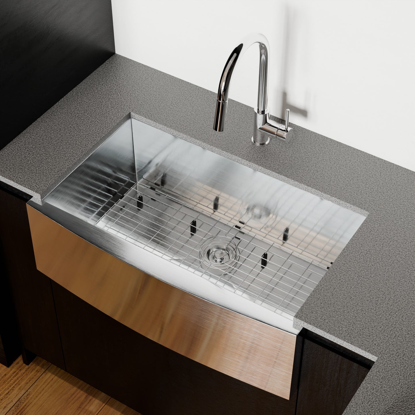 Stainless steel farmhouse kitchen sink with zero radius edges, single bowl, designed by Novatto, shown in a modern kitchen setting.