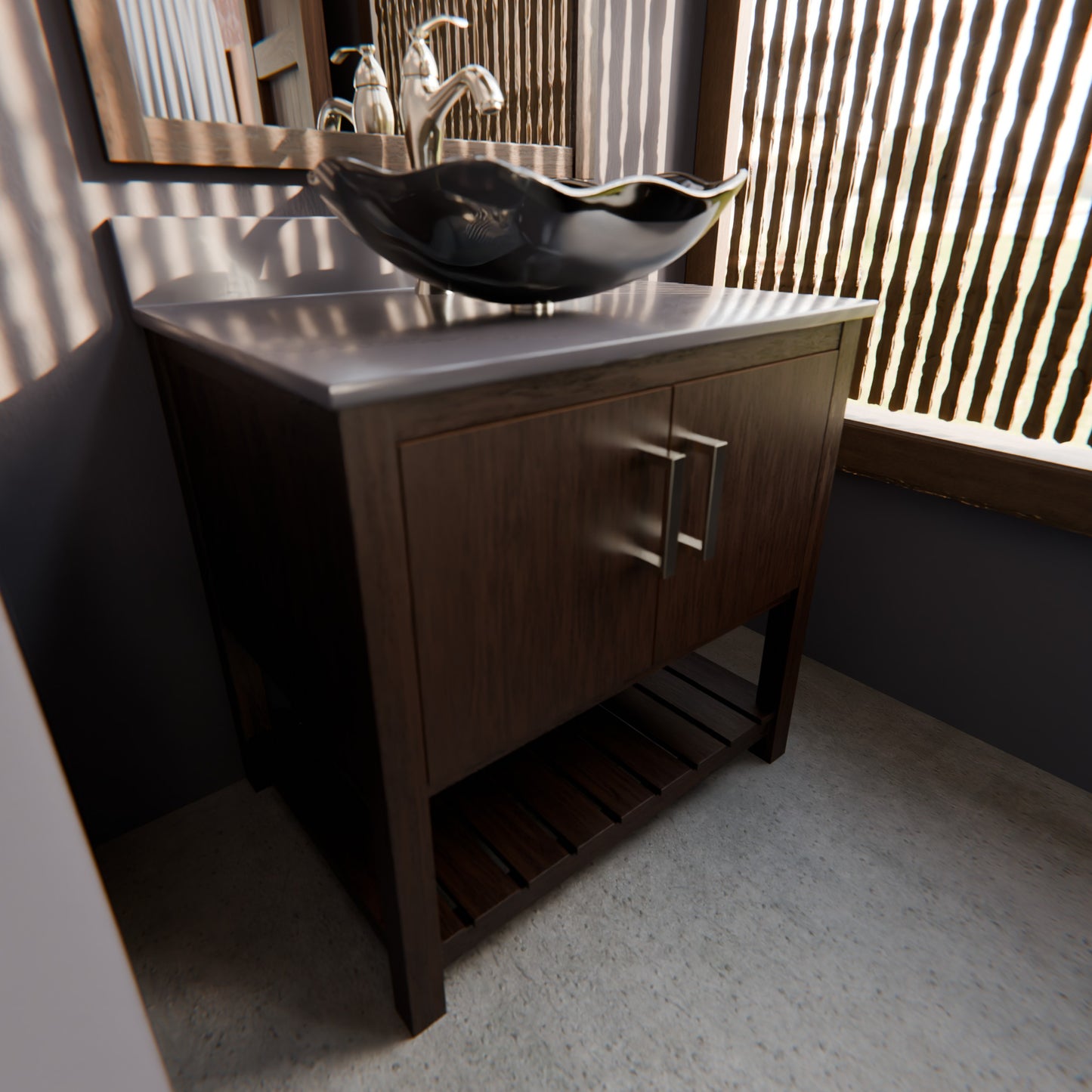 30-inch Novatto bath vanity with storm grey quartz countertop and integrated sink, shown with mirror and accessories.