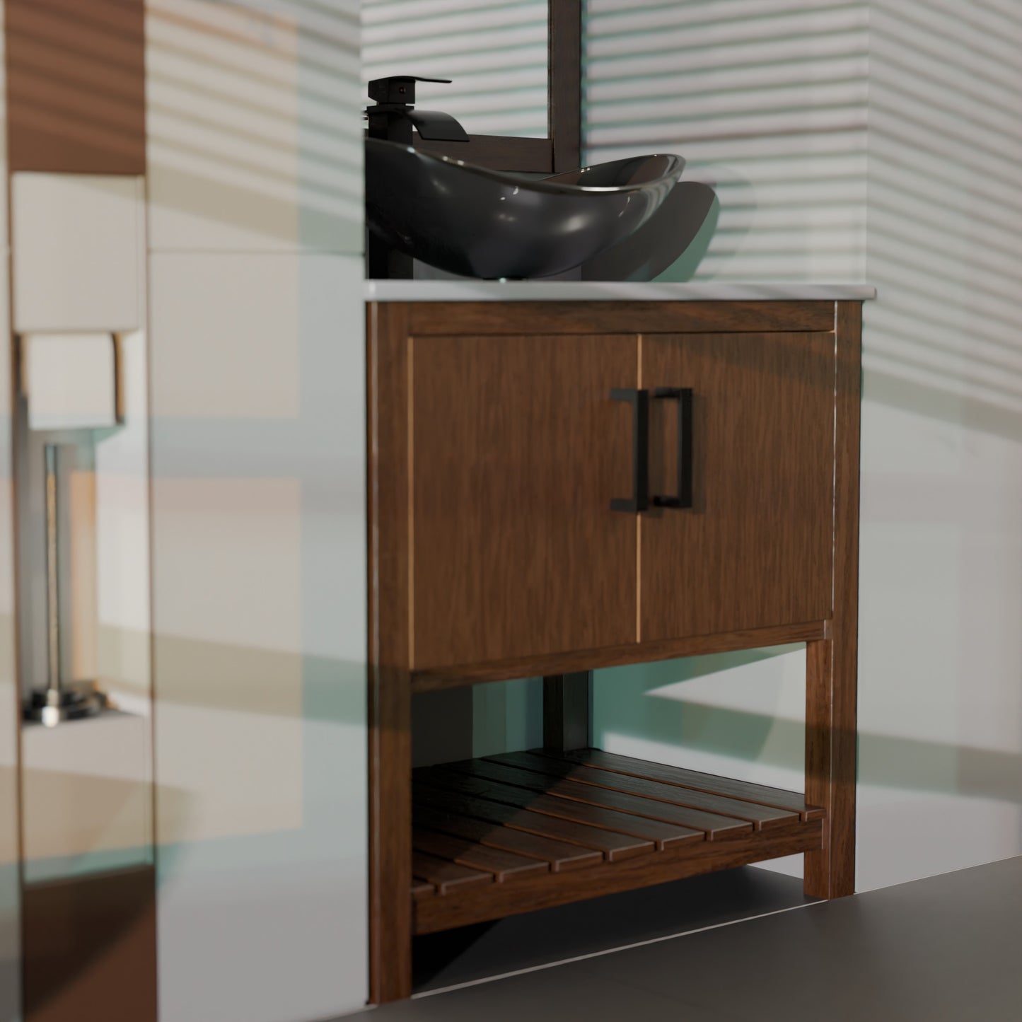 30-inch Novatto bath vanity with storm grey quartz countertop and integrated sink, modern accessory for bathroom decor.