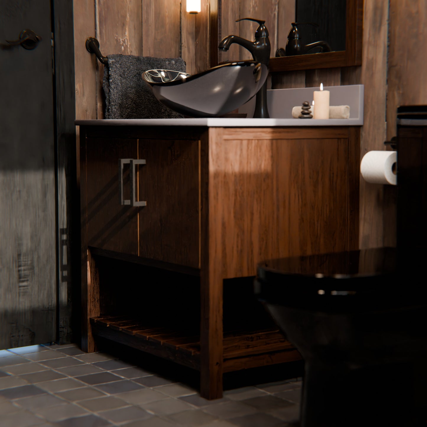 30-inch Novatto vanity with Storm Grey Quartz countertop, modern bathroom accessory with sleek design and durable surface.