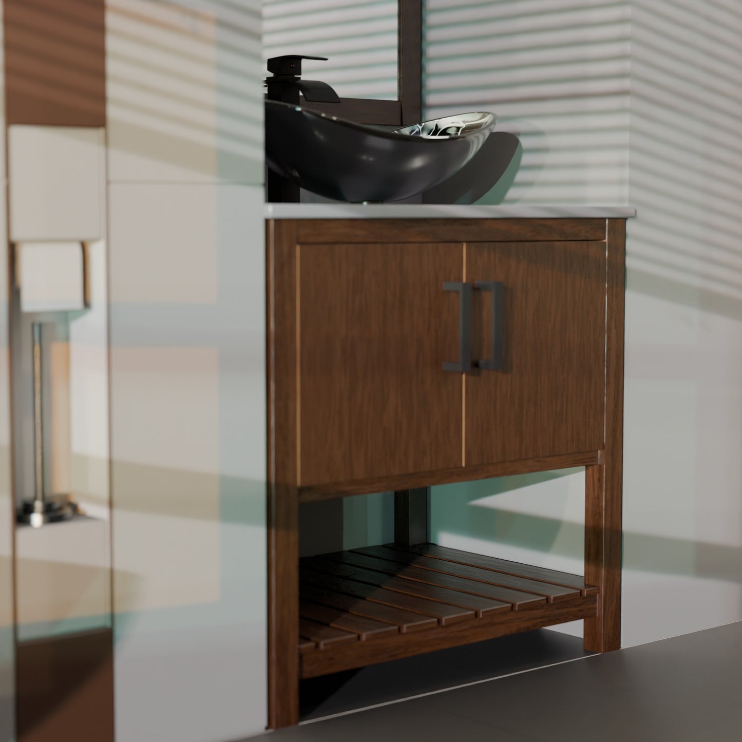 30-inch Novatto bath vanity with storm grey quartz countertop and integrated sink, featuring sleek modern design.