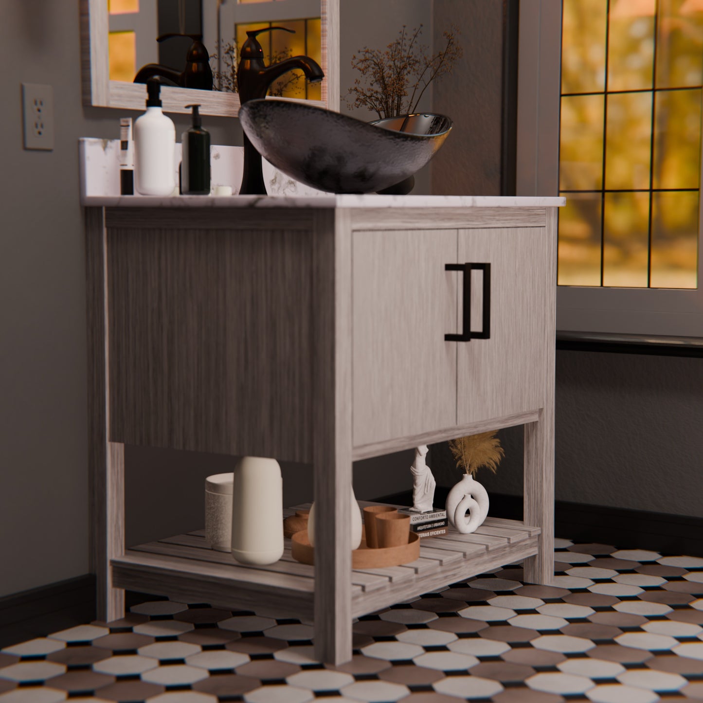 30-inch Novatto vanity with café mocha quartz countertop, showcasing elegant bathroom accessory and modern design.