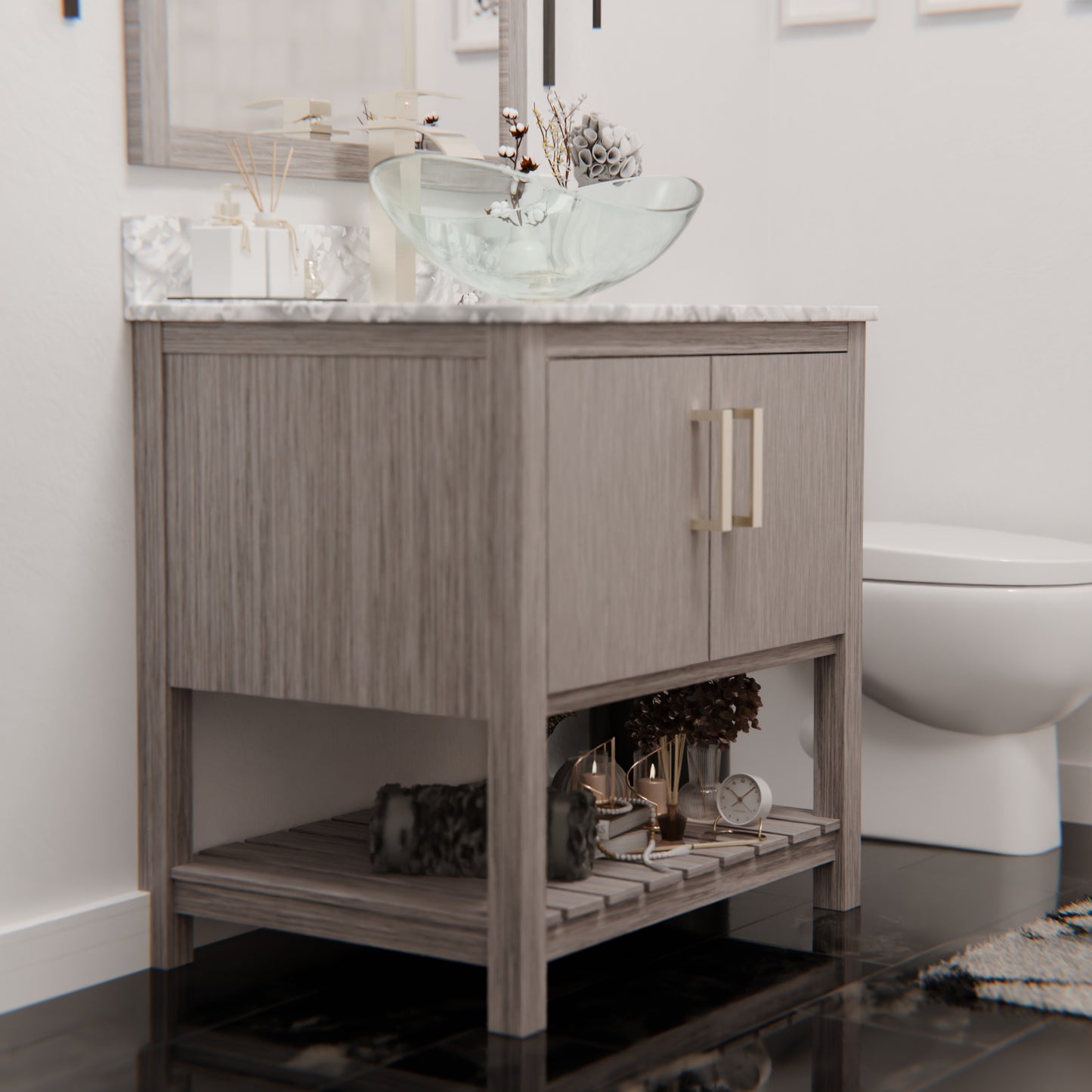30-inch Novatto vanity with Carrara white marble counter, featuring a sleek bathroom accessory and mirror in a modern design.