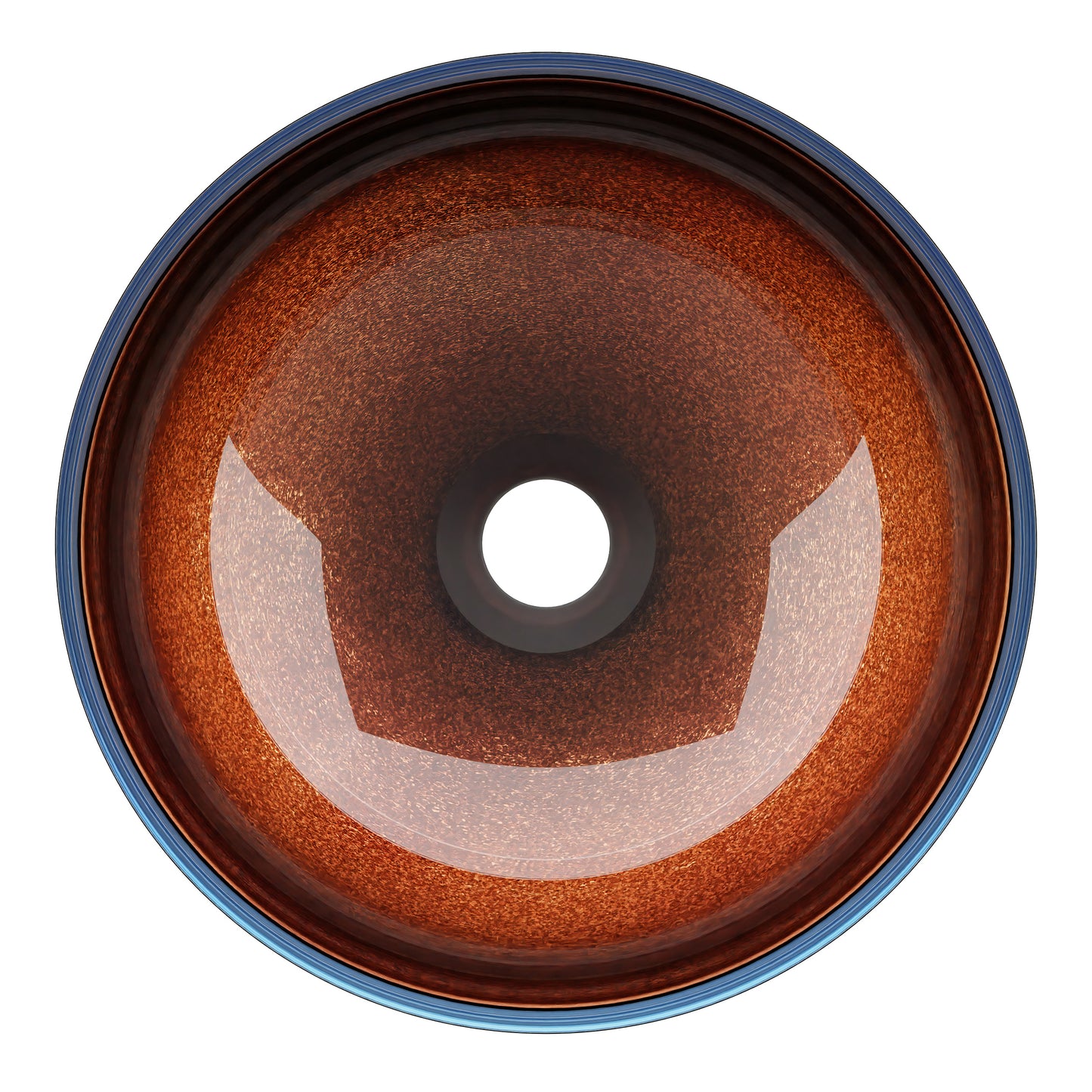 Mini 12-inch black and copper glass vessel sink by Novatto, round transitional bathroom sink with sleek modern design.