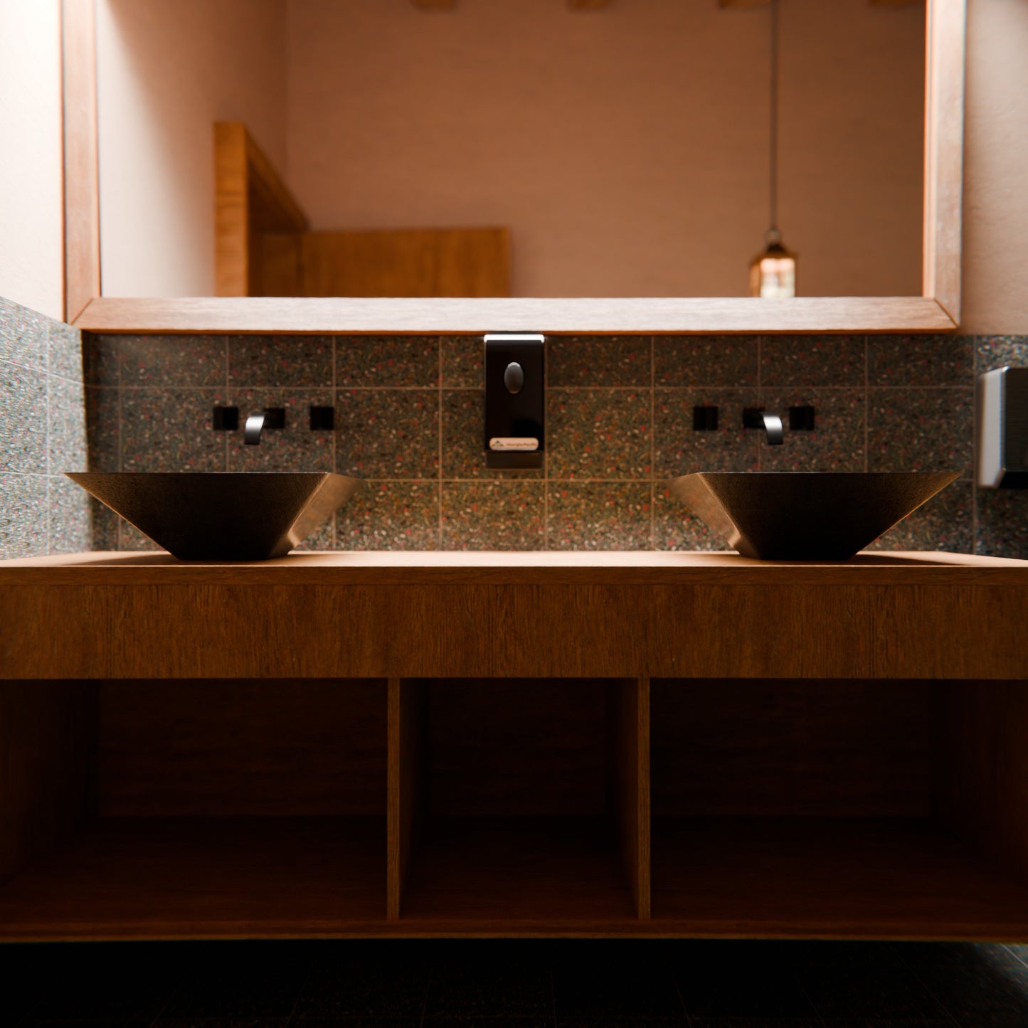 Modern copper and black square glass vessel bathroom sink by Novatto with a sleek, contemporary design on a white background