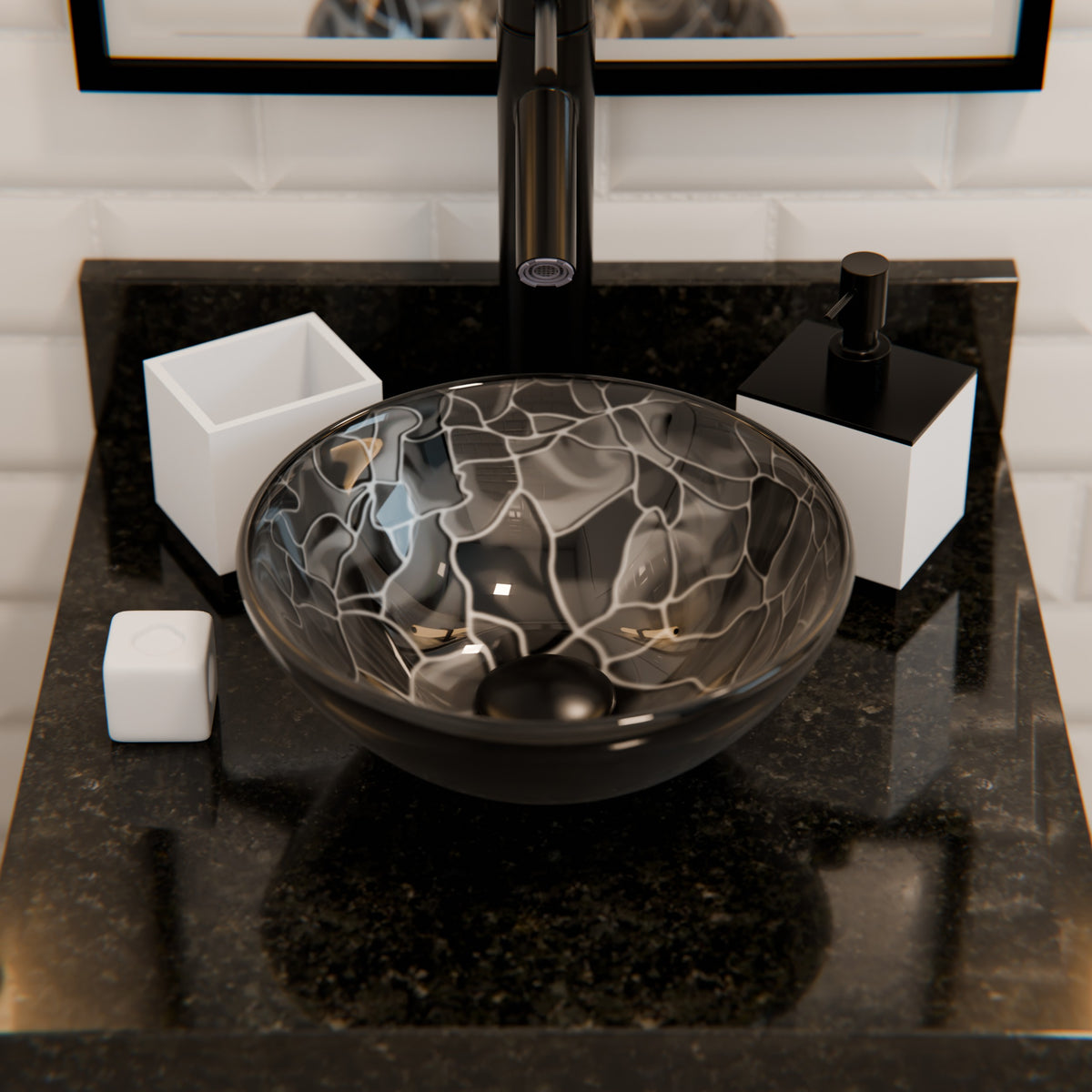 Mini 12-inch hand-painted black and silver glass vessel sink by Novatto, modern bathroom fixture with sleek design.