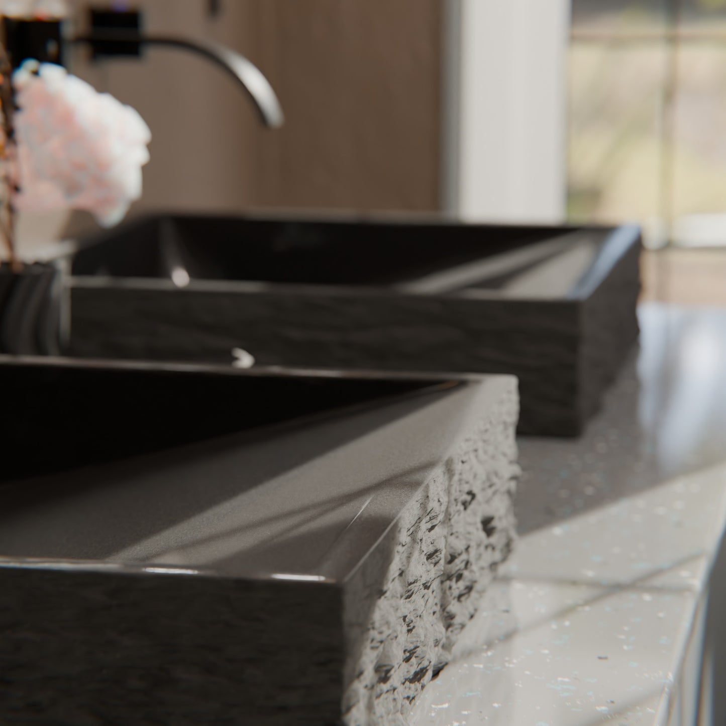 Natural Black Granite Square Vessel Sink with Chiseled Exterior NOSV-ANSQ