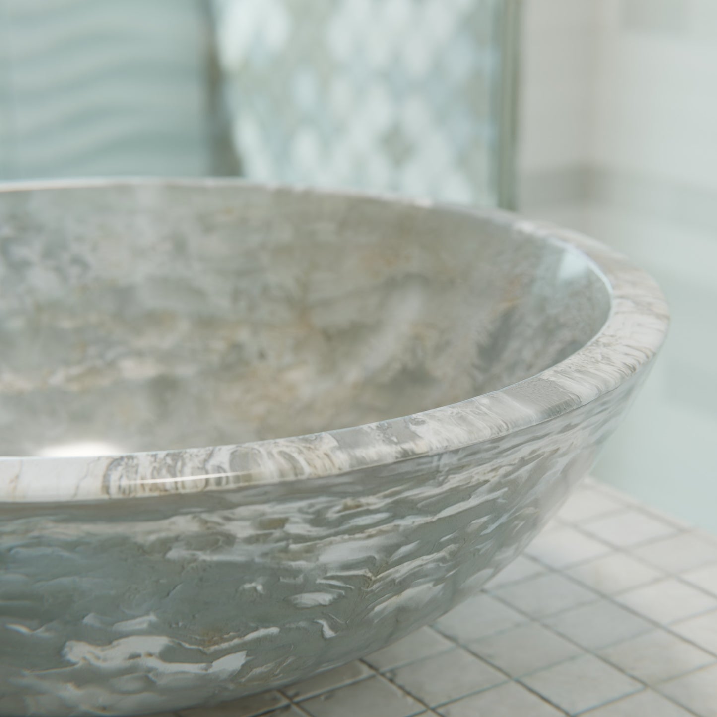 Transitional bathroom sink with natural blue onyx stone vessel, Novatto NOSV-BO, featuring smooth curved design and polished surface.