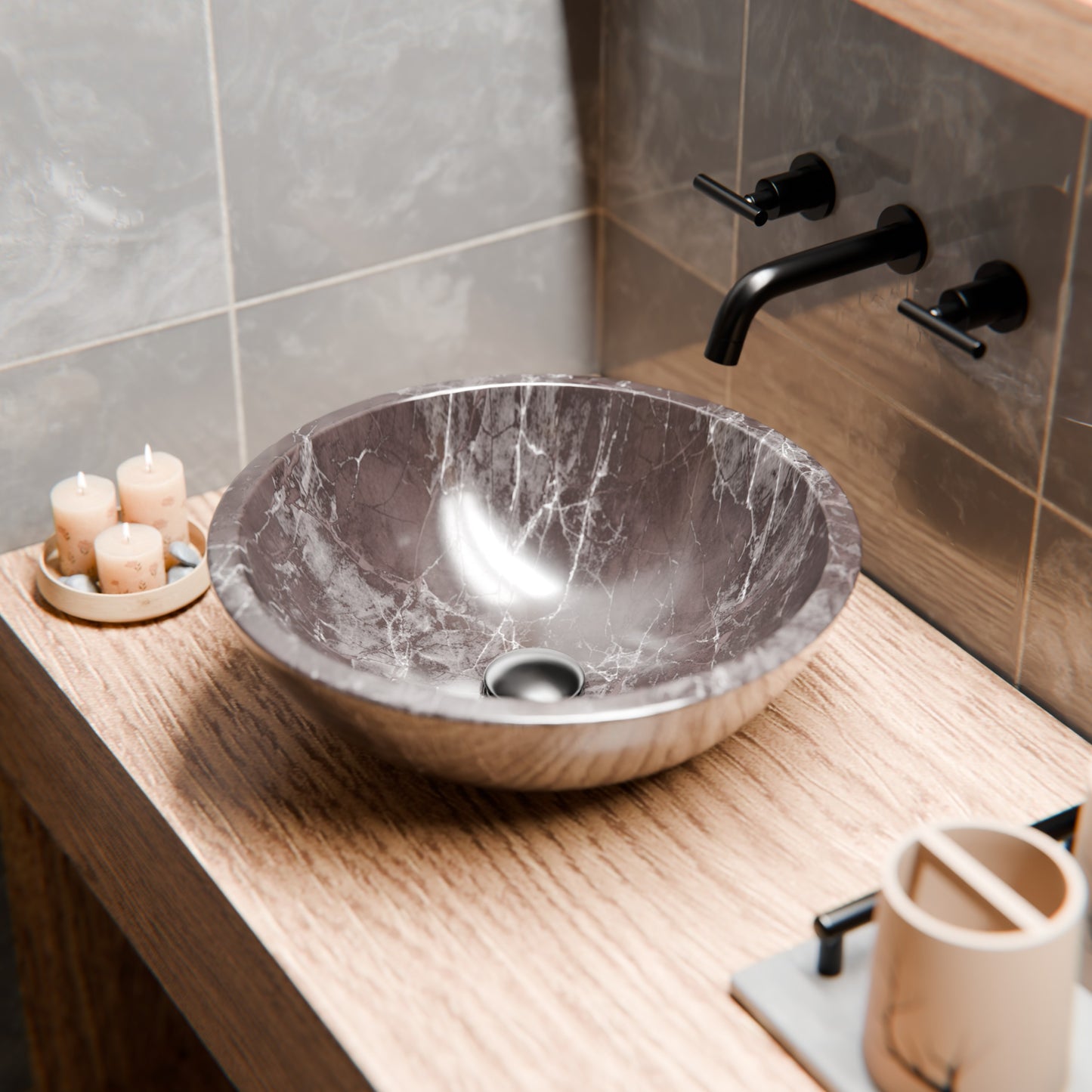 Natural coffee marble stone vessel bathroom sink by Novatto with a transitional design, shown in a modern bathroom setting.