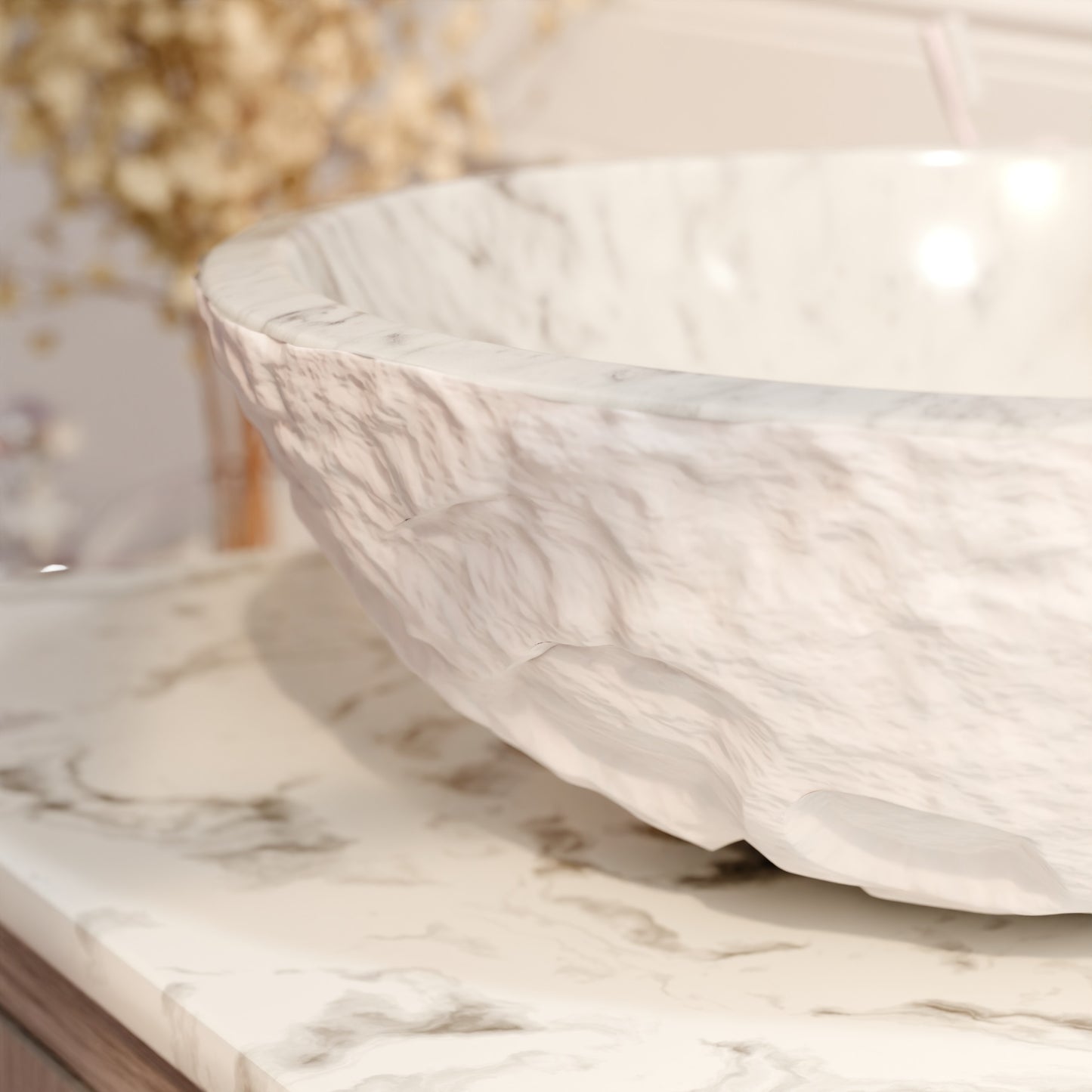 Modern Carrara white marble vessel sink by Novatto with chiseled edges, ideal for contemporary bathroom decor.