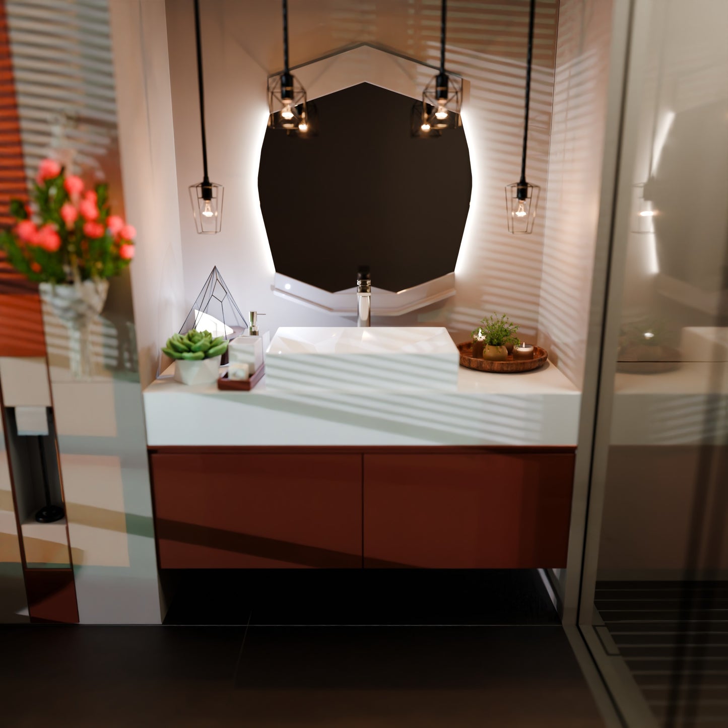 White rectangular porcelain vessel sink with modern geometric design by Novatto, shown from a top view.