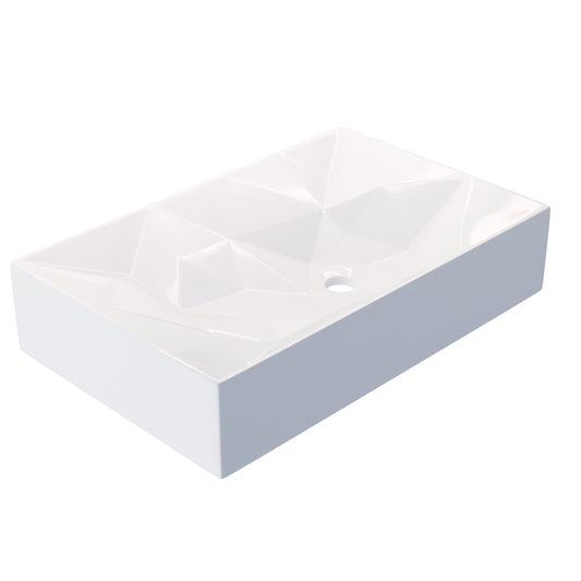 Modern rectangular white porcelain vessel sink by Novatto with geometric design, shown from a front angle.