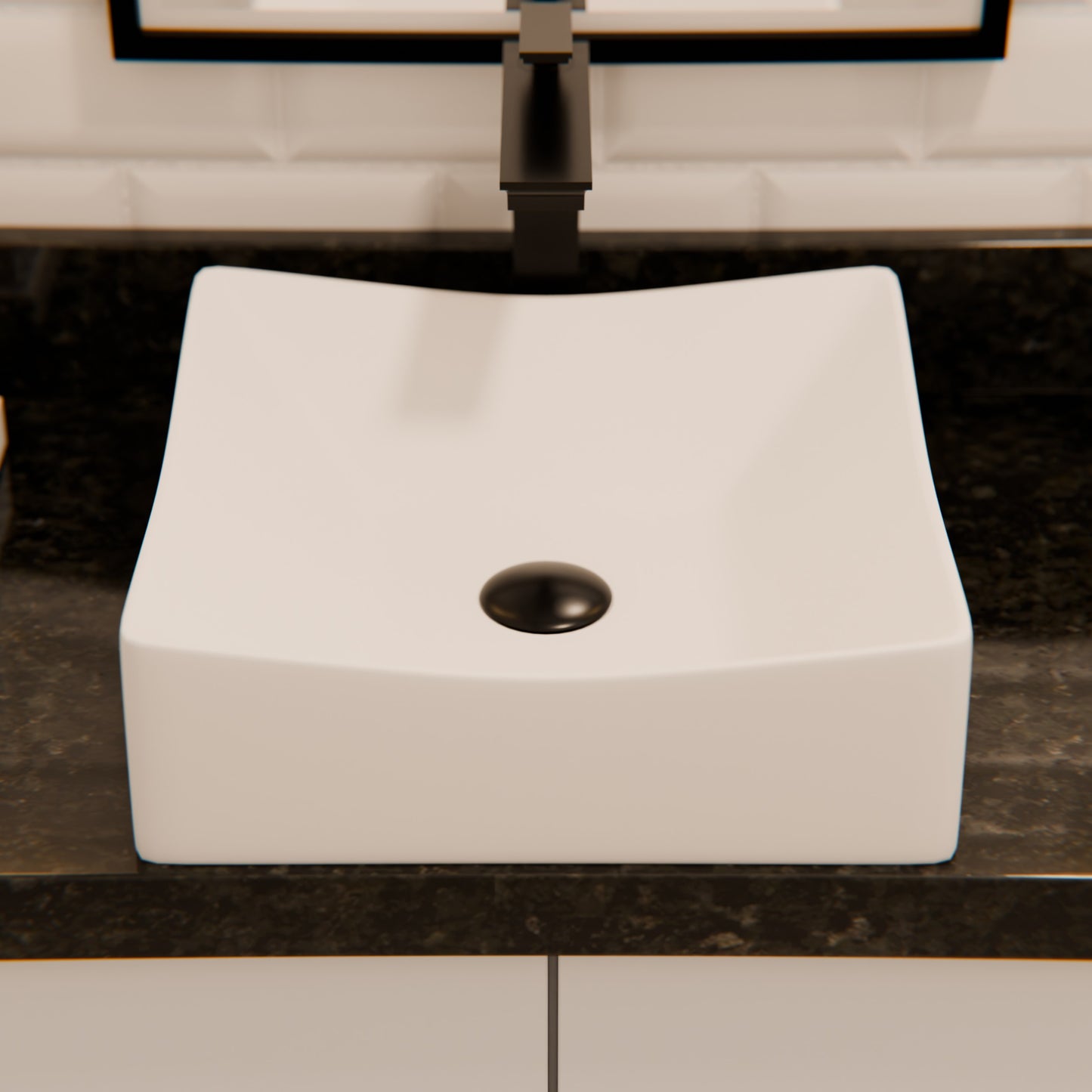 Square white porcelain vessel bathroom sink by Novatto with a smooth, modern design and clean edges, shown from a top-down view.