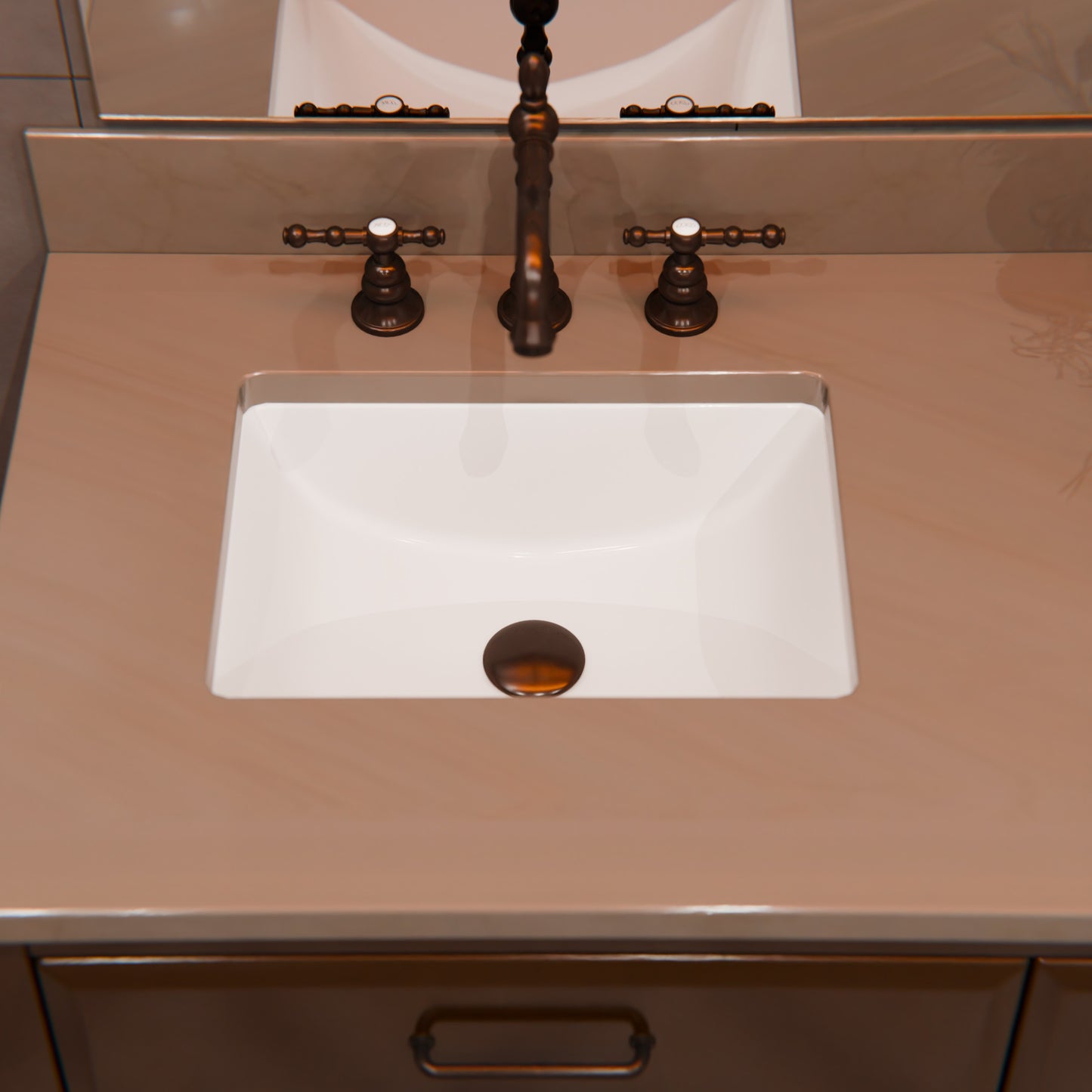 Rectangular white porcelain undermount sink with overflow, Novatto NP-U193902, shown with dark finish and installation components.