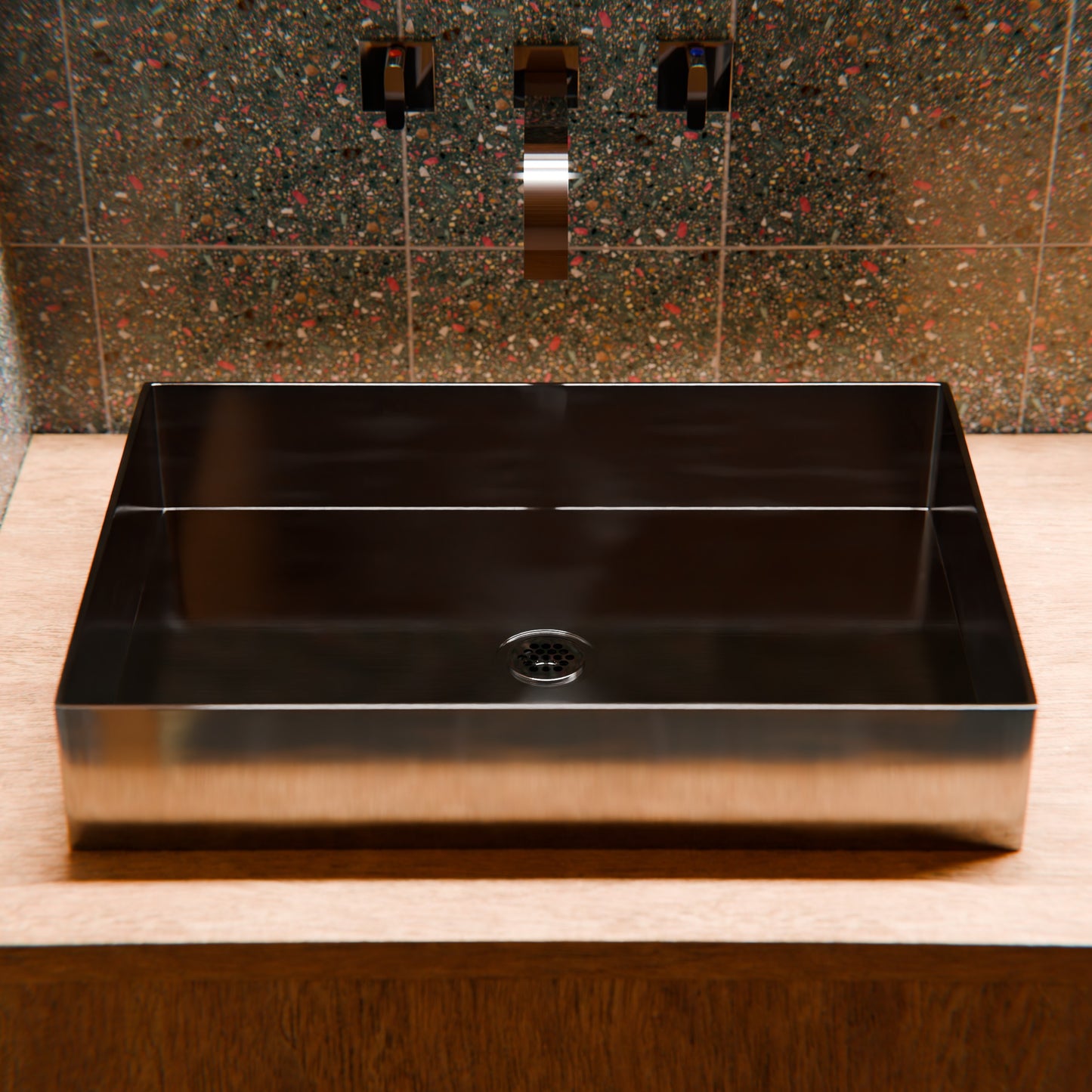 Rectangular stainless steel bathroom sink in gun metal black by Novatto, with modern design and sleek finish.