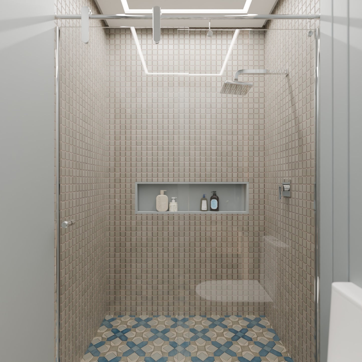 Novatto Crown shower set with rough-in valve, includes showerhead and bathtub faucet, in a sleek chrome finish.