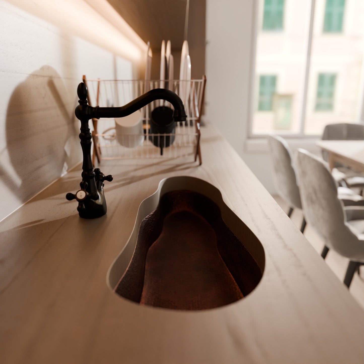 Hand-hammered copper bar sink by Novatto with a sleek rectangular design, perfect for modern home or commercial bars.