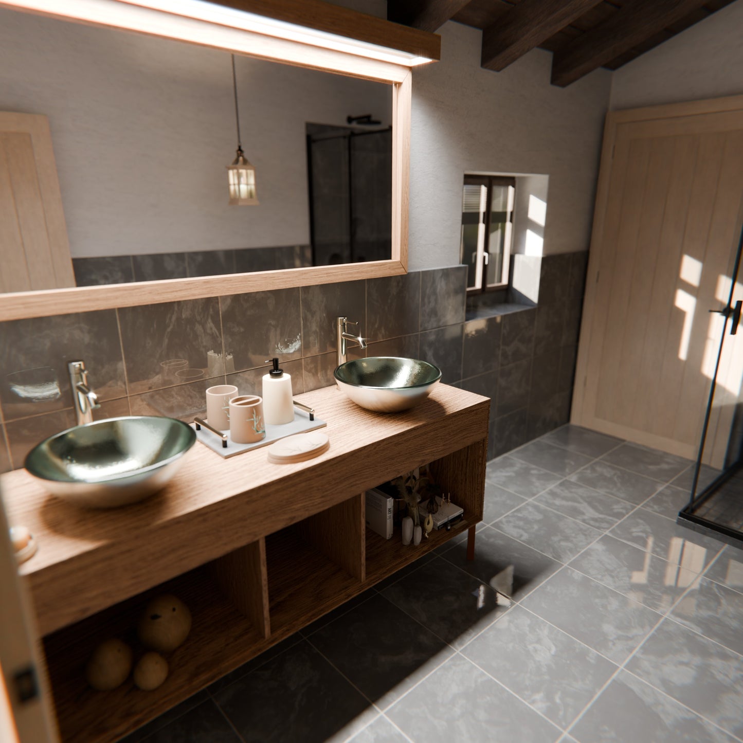 Modern silver foiled round tempered glass vessel bath sink by Novatto, with a sleek design and wood base.