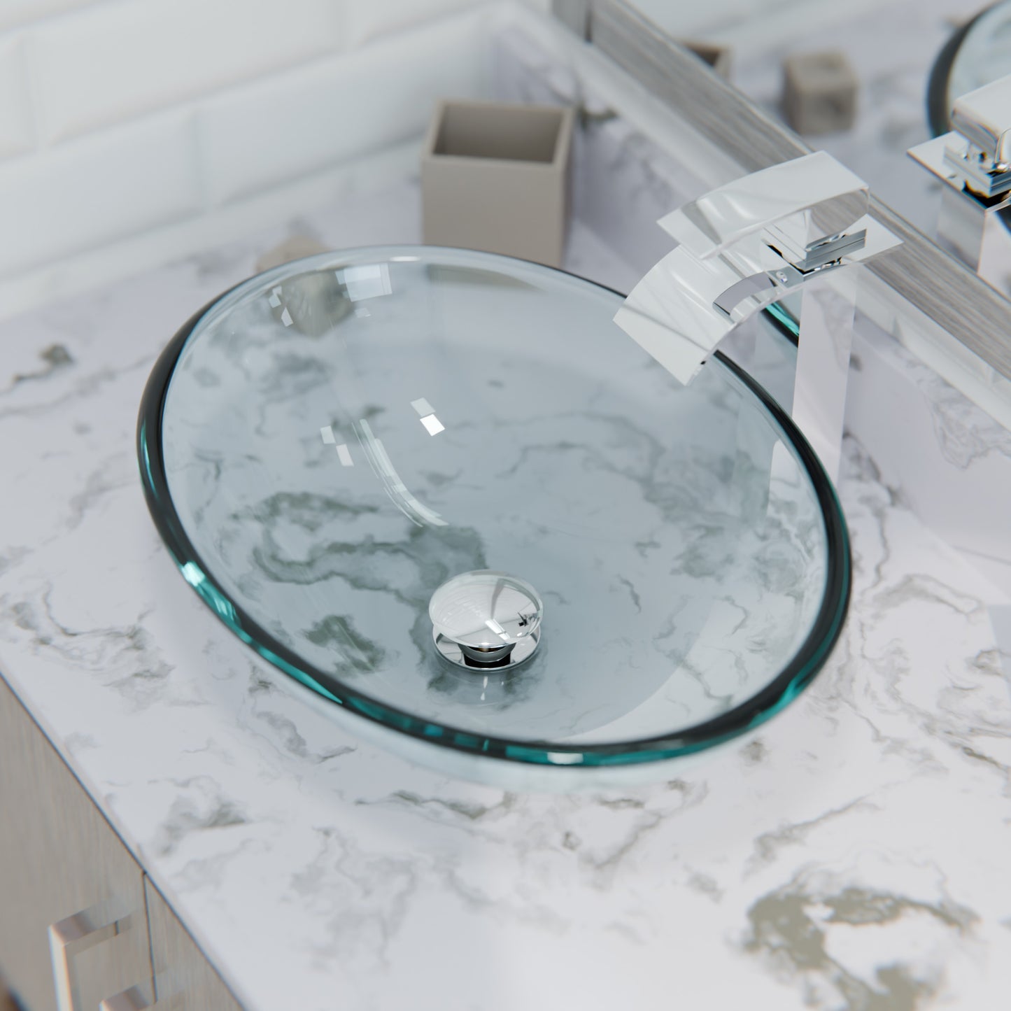 Clear oval tempered glass vessel bathroom sink by Novatto, modern design with smooth curved shape and polished surface.