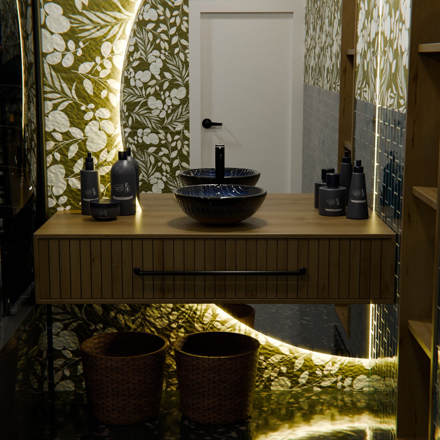 Hand painted ombré navy to yellow glass bathroom vessel sink by Novatto, modern design with smooth curved surface.