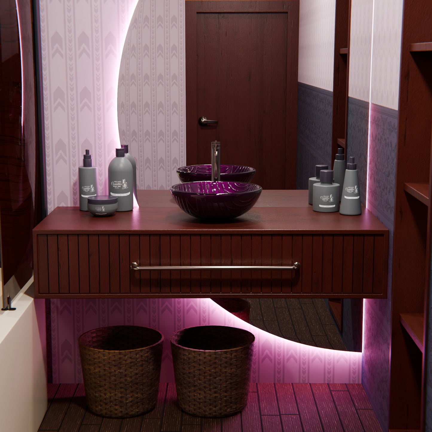 Hand-painted purple glass bathroom vessel sink by Novatto, modern design with smooth, rounded shape and glossy finish.
