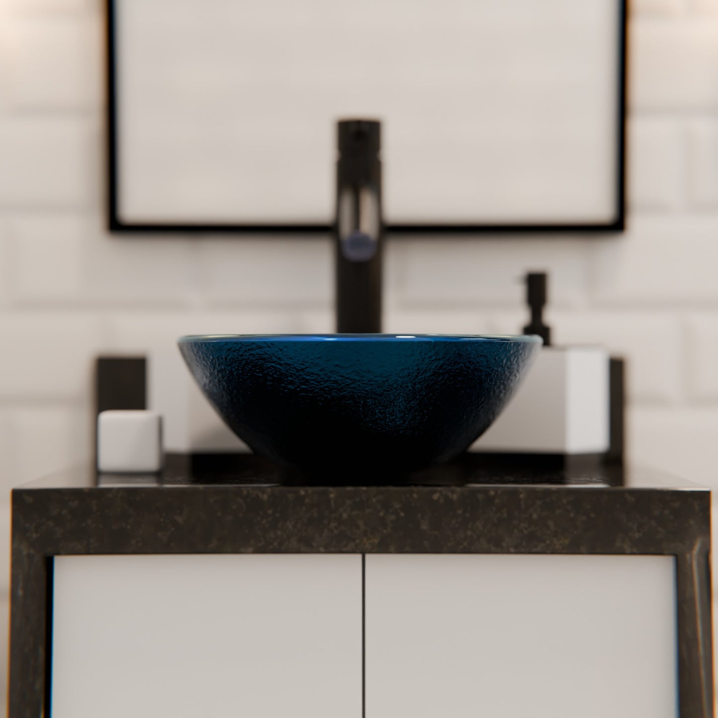 Blue foiled round glass vessel bathroom sink by Novatto, modern 12-inch mini glass vessel sink with sleek design.