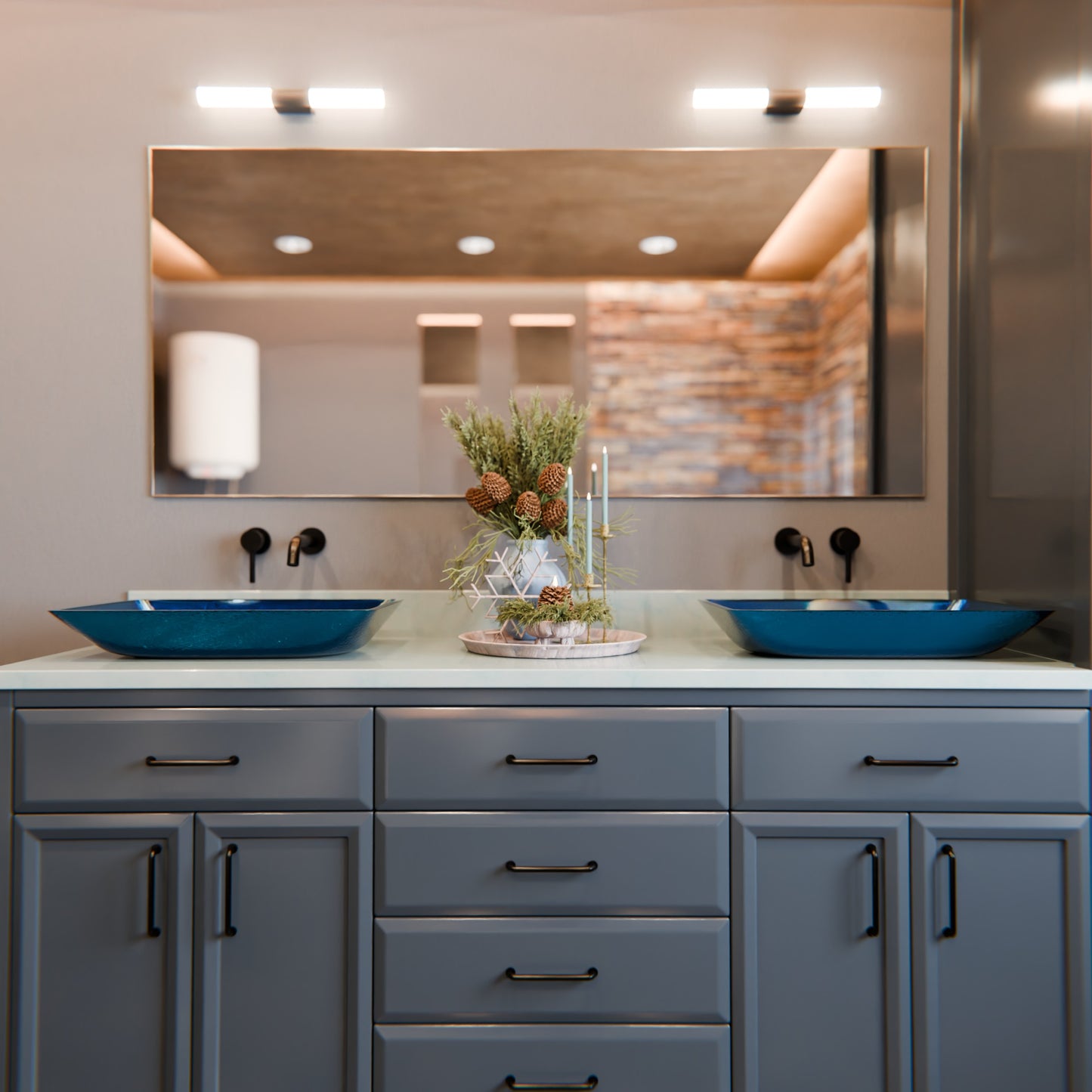Blue hand-foiled rectangle glass vessel bathroom sink by Novatto, modern design with dark finish, shown on white background.