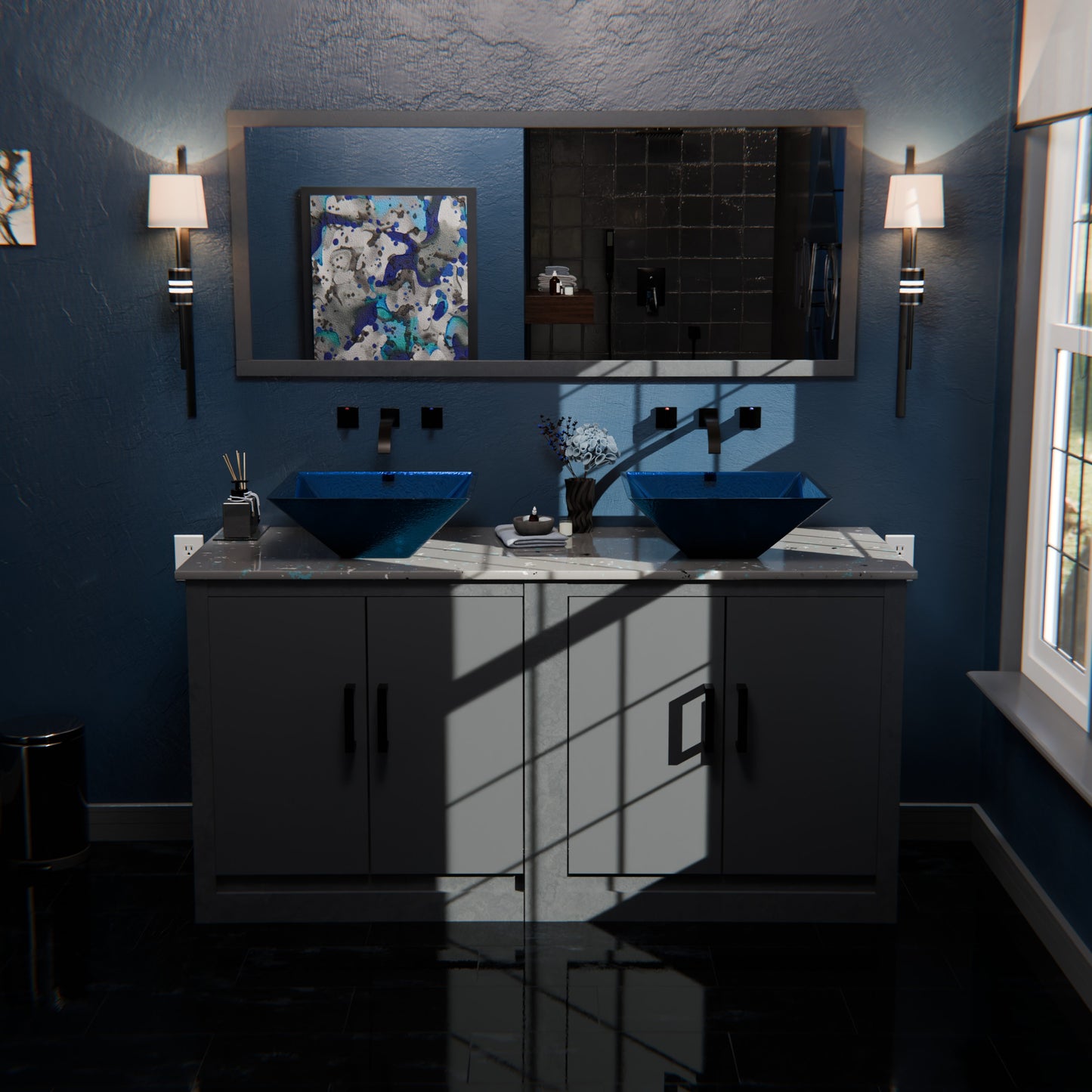 Blue Foiled Square Tempered Glass Vessel Bath Sink TIG-S132-287