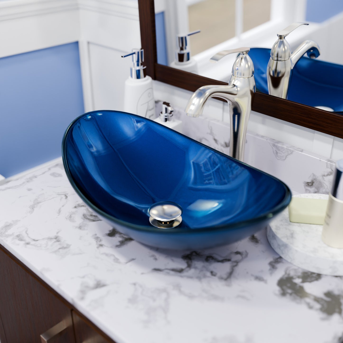 Blue Foiled Oval Tempered Glass Vessel Bath Sink TIG-S132-8031