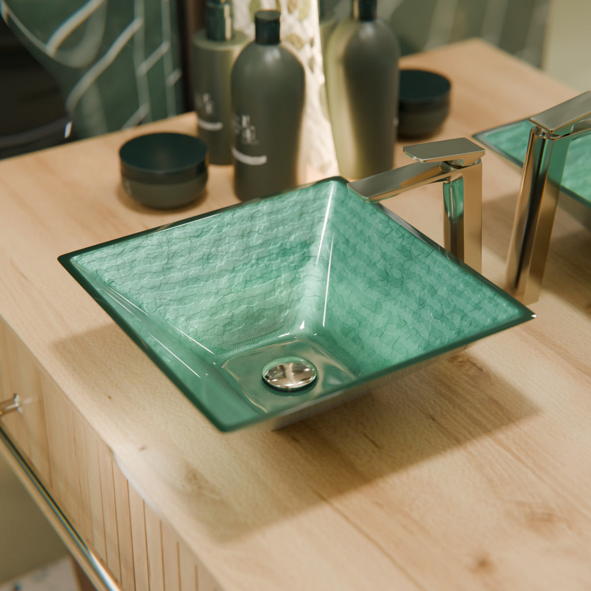 Green square tempered glass vessel bathroom sink from Novatto, transitional style with sleek, modern design for stylish bathrooms.