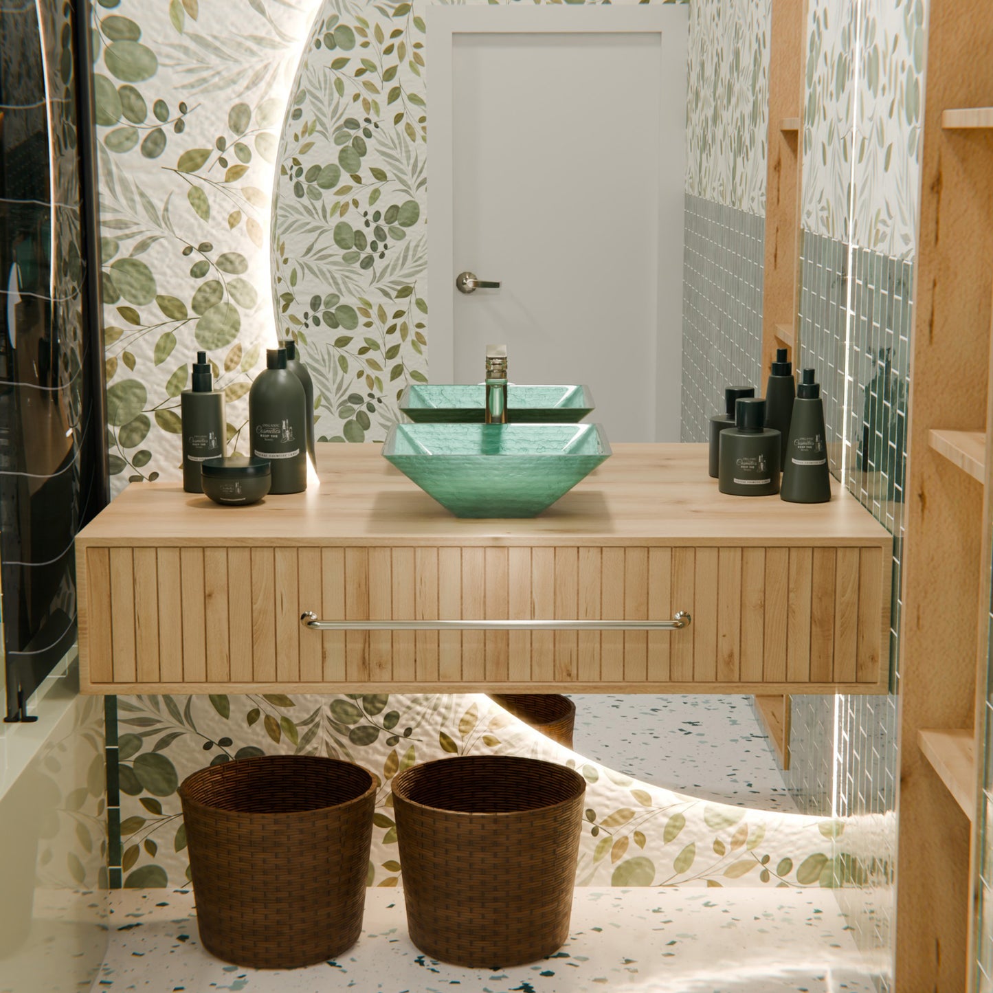 Green square tempered glass vessel bathroom sink by Novatto, showcasing its sleek transitional design and vibrant color.