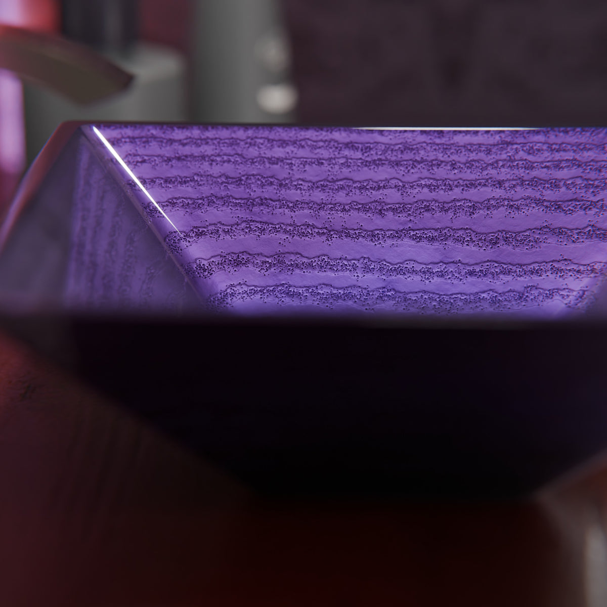 Purple frosted glass vessel bathroom sink by Novatto, square transitional design with smooth, rounded edges, stylish and modern.