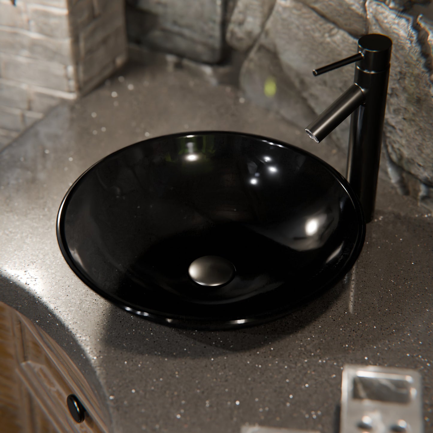 Clear Slate Grey Round Shallow Glass Vessel Bath Sink TIS-316G