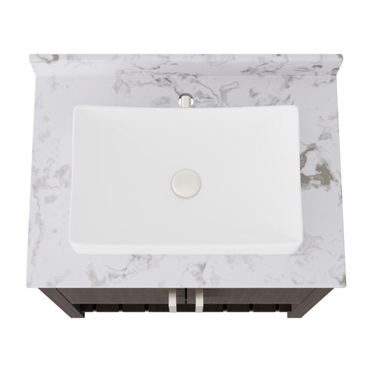 30-inch Novatto bath vanity with café mocha quartz countertop and sink, showcasing a modern bathroom accessory.