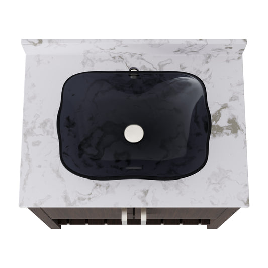 Novatto 30-inch bath vanity with café mocha quartz countertop and sink, featuring a sleek, modern bathroom accessory.