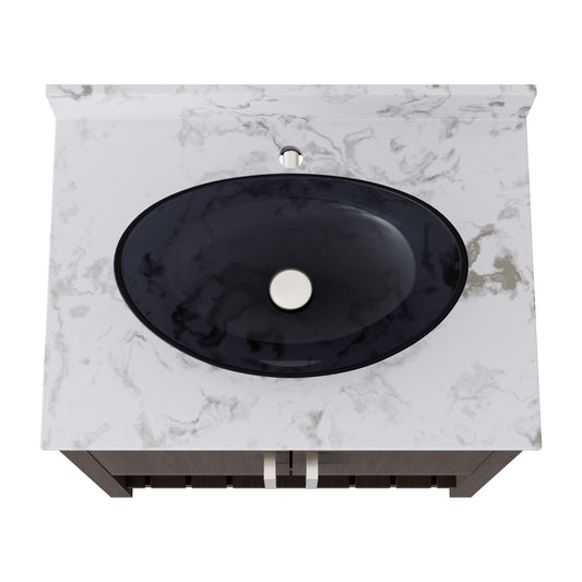 30-inch Novatto bath vanity with café mocha quartz counter and sink, showcasing sleek design and modern bathroom accessory.
