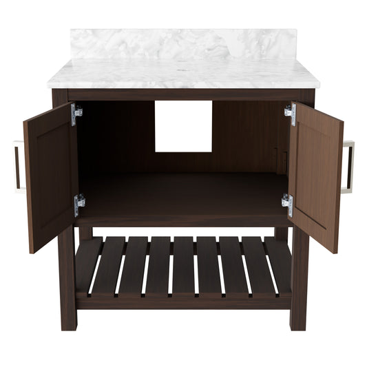 30-inch Novatto vanity with Carrara white marble countertop, showcasing a sleek bathroom accessory design.