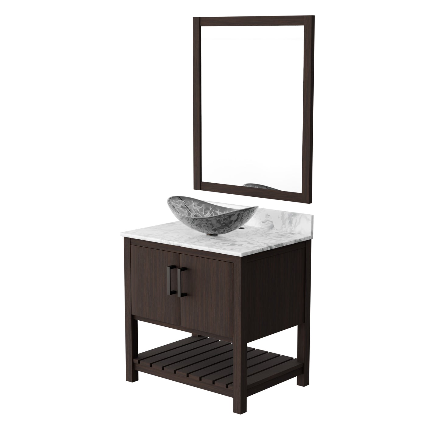 Novatto 30-inch bath vanity with Carrara white marble counter and integrated sink, modern bathroom accessory.