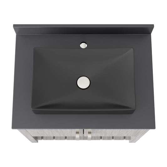 30-inch Novatto bath vanity with storm grey quartz countertop and sink, showcasing modern bathroom accessory design.