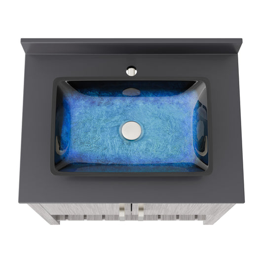 30-inch Novatto bath vanity with storm grey countertop and sink, showcasing modern design and sleek fixtures.