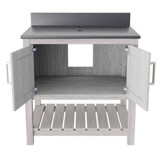 30-inch Novatto vanity with storm grey quartz countertop, modern bathroom accessory with sleek design and durable surface.