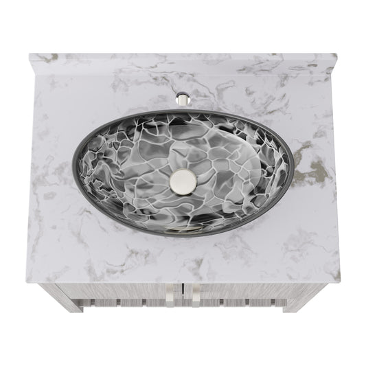 30-inch Novatto bath vanity with café mocha quartz countertop and integrated sink, showcasing elegant bathroom accessory design.