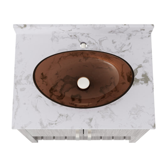 Novatto 30-inch bath vanity with café mocha quartz countertop and sink, showcasing the elegant bathroom accessory design.