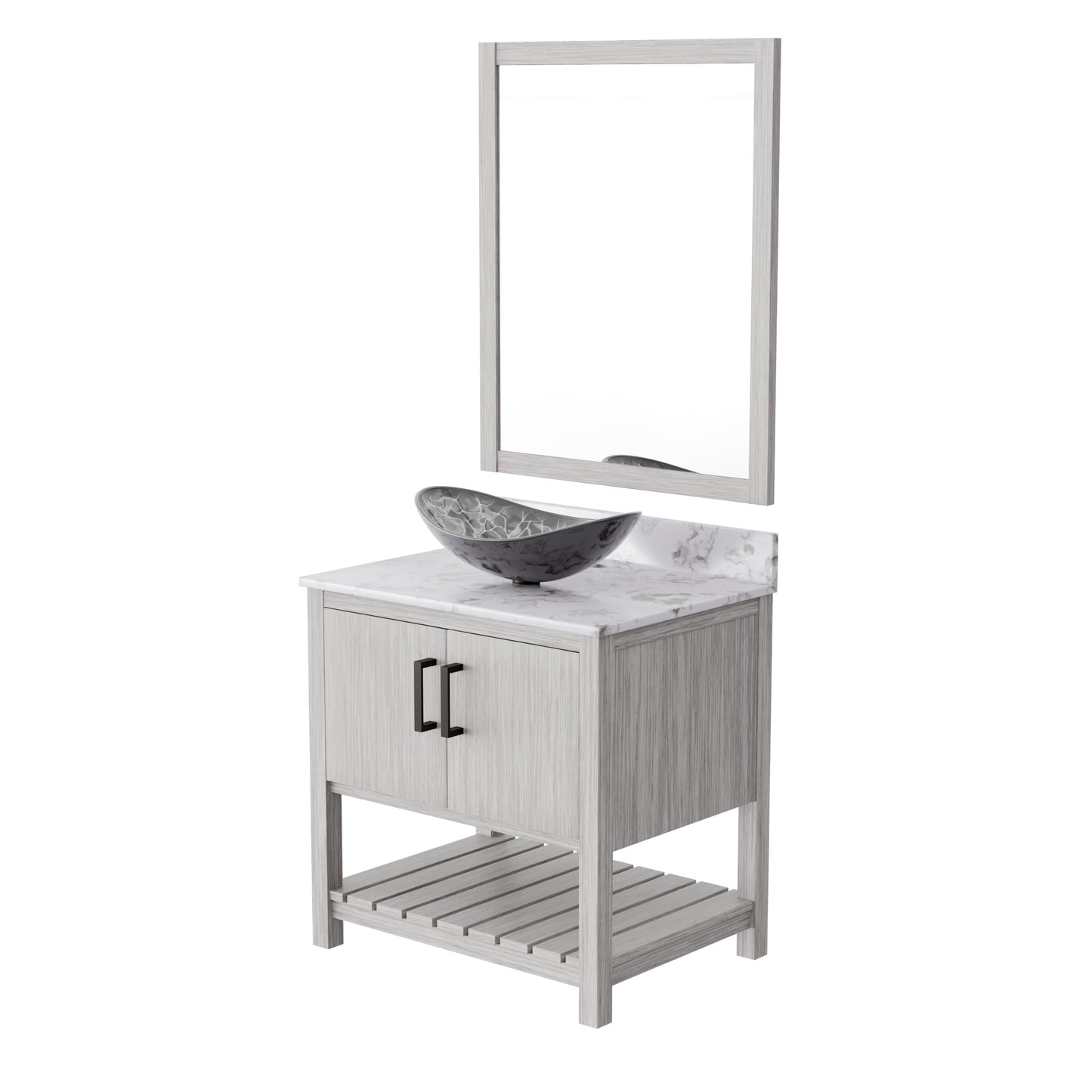 30-inch Novatto bath vanity with café mocha quartz counter and integrated sink, showcasing sleek bathroom accessory design.